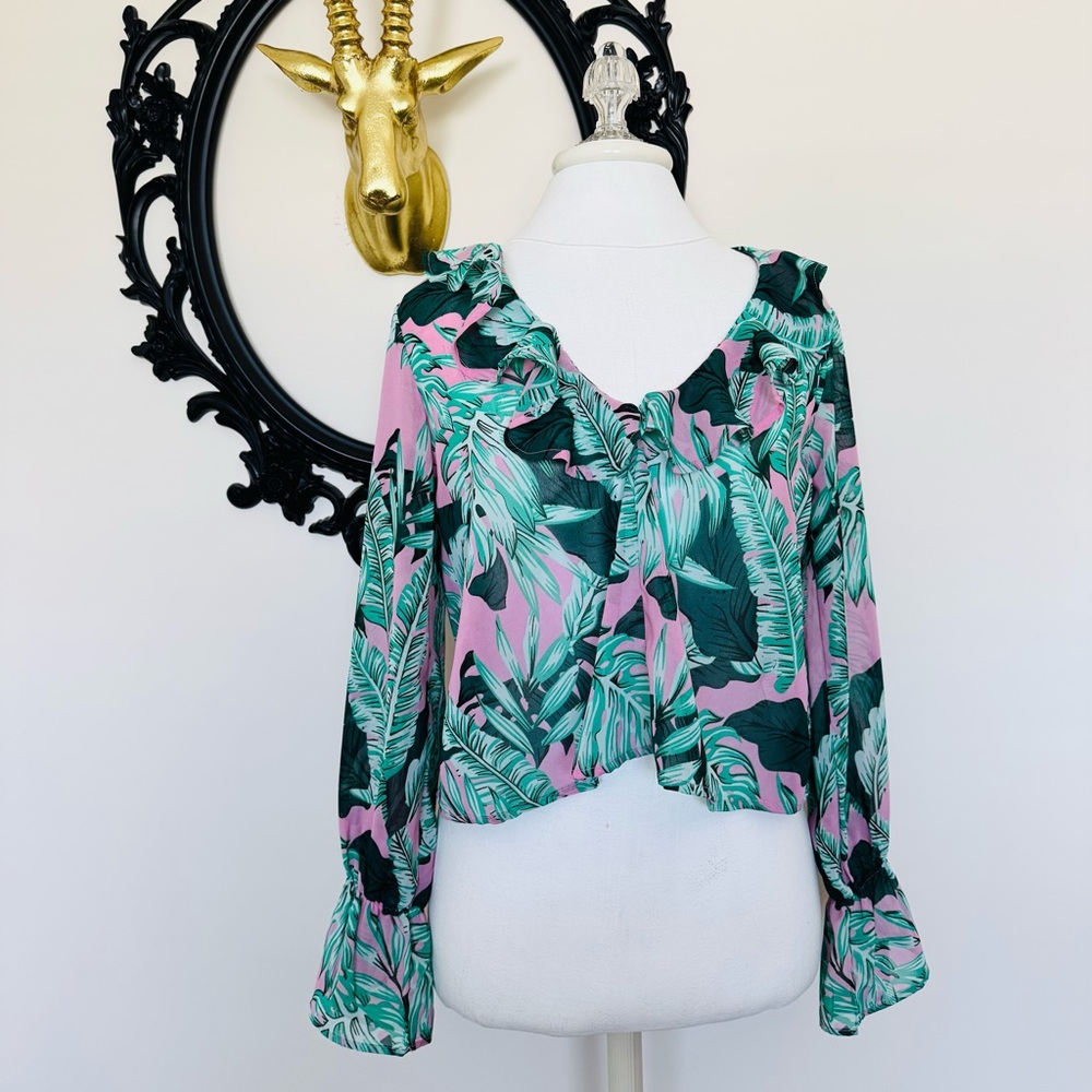 Boohoo Pink and Green Palm Leaf Print Long Sleeve Blouse